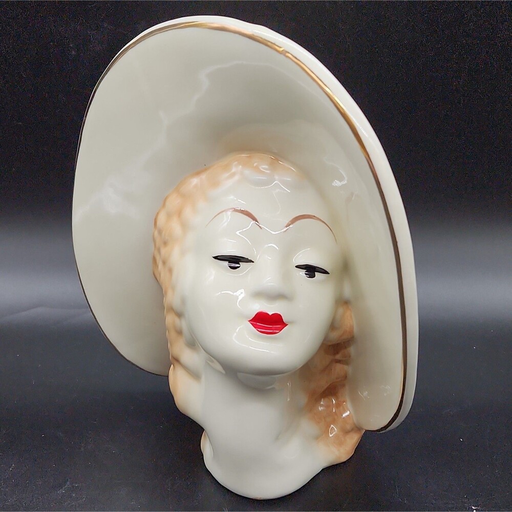 Art Deco Head Vase Blonde Lady Womans Face Large Hat Gold Gilt Red Lips 8"